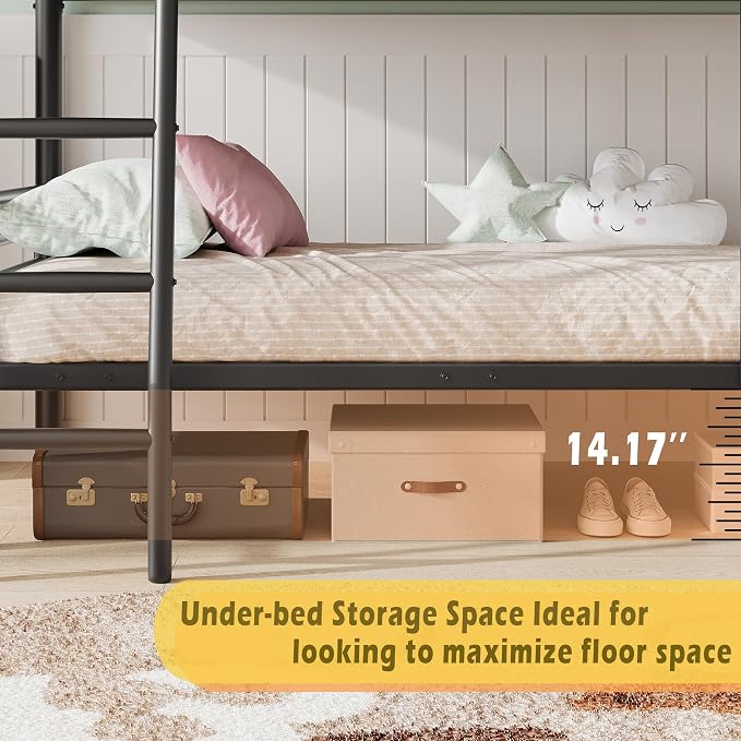 Metal Triple Bunk Bed,Twin Over Twin Bunk Bed for 3, 3 Beds with Guardrail & Ladder, Heavy Duty Triple Bed Frame for Kids Teenagers/Adults, Converts to 3 Separate Twin Beds, No Box Spring Needed