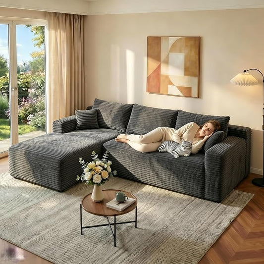 JINGLING 94" L Shape Couch with Left Chaise, Memory Foam Boneless Sectional Sofa in a Box, No Assembly Modular Small Couches for Small Spaces, Living Room, Apartments, Plush Corduroy, Dark Grey