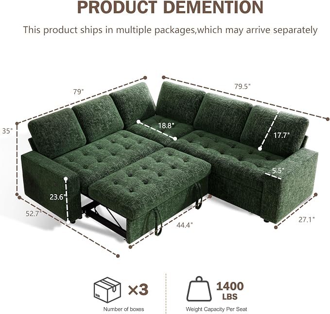 Sunny Heart Modular Sectional Sleeper Sofa with Pull Out Bed, Chenille L Shaped Sectional Sofa with USB Ports/Adjustable Backrest/Storage Seats, Tool-Free Assembly, Couches for Living Room Green