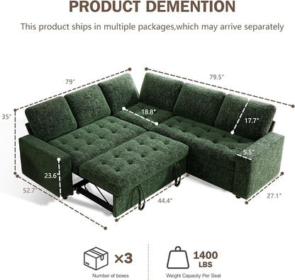 Sunny Heart Modular Sectional Sleeper Sofa with Pull Out Bed, Chenille L Shaped Sectional Sofa with USB Ports/Adjustable Backrest/Storage Seats, Tool-Free Assembly, Couches for Living Room Green
