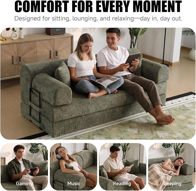 78.84" Boneless Couch with Memory Foam, Corduroy Convertible Loveseat for Apartment Living Room, Floor Sofa Bed,1200 lb, Vacuum Packed Couch in a Box, Moss Green