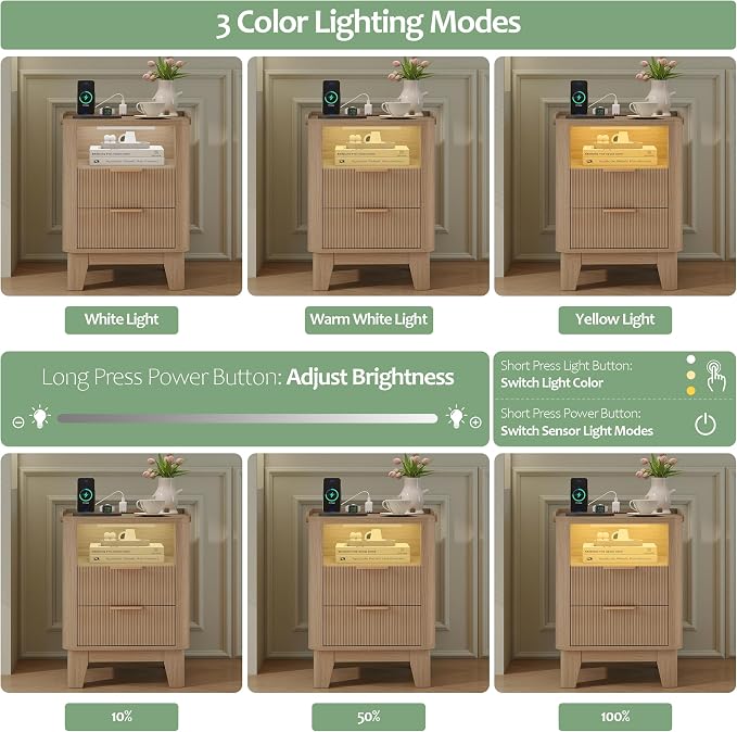 Turosur Night Stand with Charging Station, Fluted NightStand with LED Light and 2 Drawers, Wood Bedside Table with Open Storage, Modern