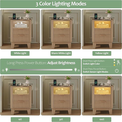 Turosur Night Stand with Charging Station, Fluted NightStand with LED Light and 2 Drawers, Wood Bedside Table with Open Storage, Modern