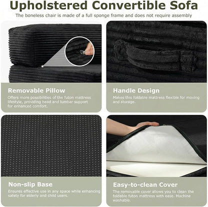 5-in-1 Convertible Sofa Bed, Boneless Loveseat with Removable Cushions & Washable Cover, Futon Sofa Bed with Handle, Pull Out Couch for Small Spaces, King Size, Black