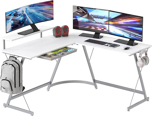 SHW 51 x 51 Inches Vista L-Shaped Desk with Monitor Stand and Drawer, White
