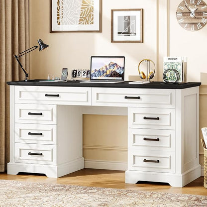 58" Executive Desk with 7 Drawers, Large Computer Desk with Charging Station , Wood Home Office Desk with File Drawer for Letter/A4 Size Hanging Files for Home Office,Rustic White and Rustic Black