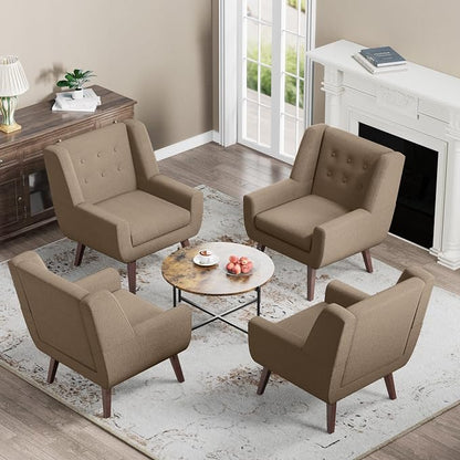 HUIMO Accent Chair, Upholstered Button Tufted Armchair, Linen Fabric Sofa Chairs for Bedroom, Living Room, Mid-Century Modern Comfy Reading Chair (4 PCS, Brown)