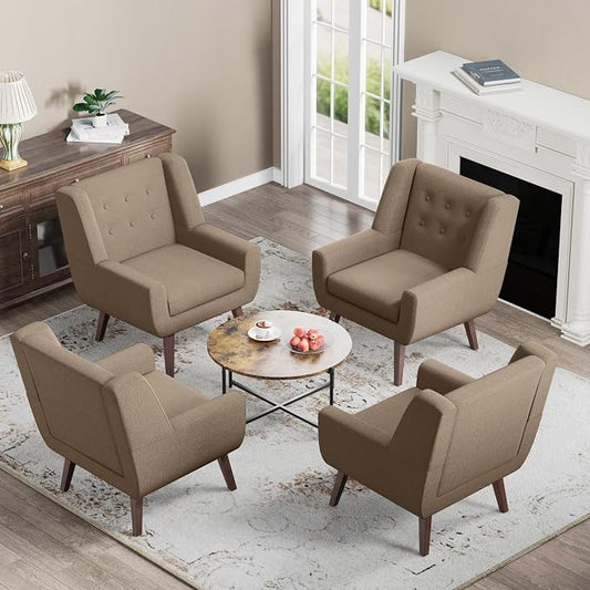 HUIMO Accent Chair, Upholstered Button Tufted Armchair, Linen Fabric Sofa Chairs for Bedroom, Living Room, Mid-Century Modern Comfy Reading Chair (4 PCS, Brown)