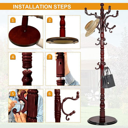 Wooden Coat Hanger Stand, Coat Rack Freestanding 18 Hooks, Mid Century Vintage Coat Tree for Entryway, Adjustable Height 73", Heavy Duty Coat stand for Home Bedroom, Office(Walnut)