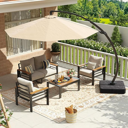 Aoxun Aluminum Patio Furniture Set with Umbrella 4 Seats, Oversized Outdoor Sectional with Washable Thick Cushions, Coffee Table, Patio Conversation Sets for Porch, Balcony, Deck