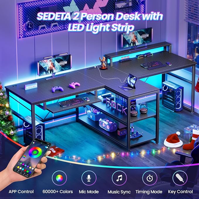 SEDETA 94.5" Gaming Computer Desk, 2 Person Office Desk with Storage, LED Lights, Power Strip, Long Desks with Keyboard Tray & Monitor Stand for Home Office, Carbon Fiber Black