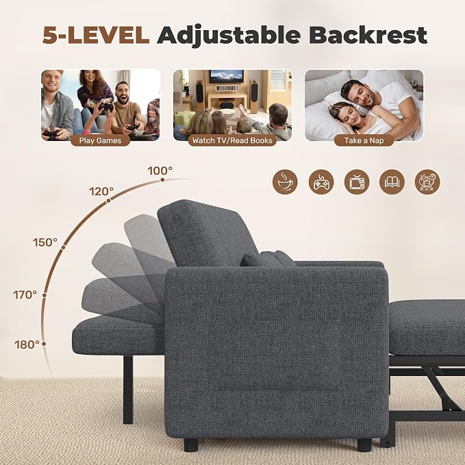 Nebuaegis Sleeper Sofa Bed,3-in-1 Convertible Pull Out Couch with Adjustable Backrest for Living Room,Loveseat Sofa Bed with Side Pockets,Easy Assembly,Light Gray,1 PCS