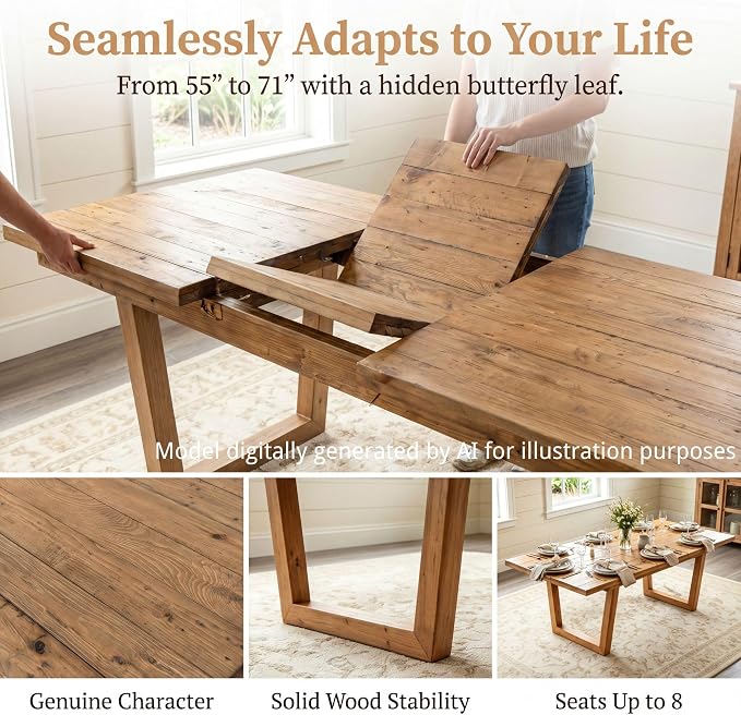chairus 55"-71" Extendable Reclaimed Wood Dining Table with Butterfly Leaf | Hidden Butterfly Leaf Extends from 55" to 71", Reclaimed Pine Table, Seats 4-8, Sturdy U-shaped Wood Legs, Farmhouse Style