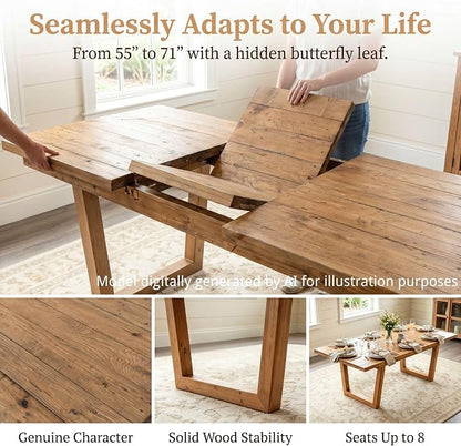 chairus 55"-71" Extendable Reclaimed Wood Dining Table with Butterfly Leaf | Hidden Butterfly Leaf Extends from 55" to 71", Reclaimed Pine Table, Seats 4-8, Sturdy U-shaped Wood Legs, Farmhouse Style