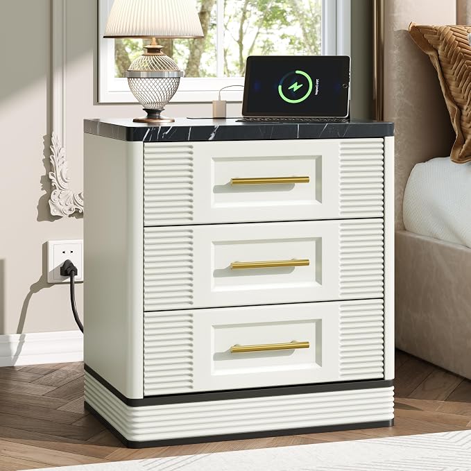 RECHHX 3 Drawer Dresser for Bedroom, 25.6" Tall Nightstand with Charging Station, Farmhouse 23.6" Wide End Table, Thermoformed Curved Small Chest of Drawers for Bedroom, Living Room, White