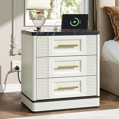 RECHHX 3 Drawer Dresser for Bedroom, 25.6" Tall Nightstand with Charging Station, Farmhouse 23.6" Wide End Table, Thermoformed Curved Small Chest of Drawers for Bedroom, Living Room, White