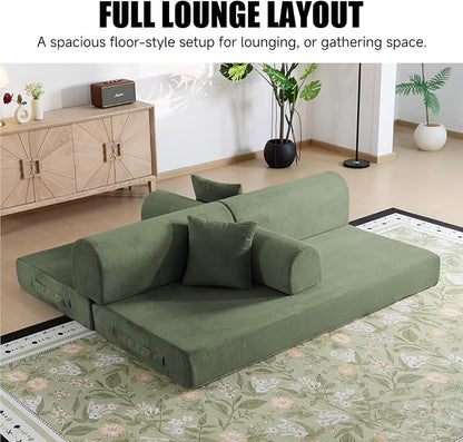 78.8" Boneless Memory Foam Couch, Corduroy Convertible Floor Sofa Bed, Fold-Out Sleeper Futon Loveseat, Wide Armrests & Supportive Back, 1200 lb, Couch in a Box, 2 Pillows, Light Green