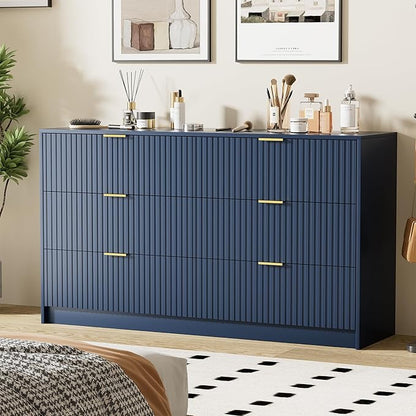 Furniway Navy Blue Dresser for Bedroom, Modern Dresser with 6 Drawers and Smooth Slides, Wide Chest of Drawers with Golden Handles for Bedroom, Living Room, Closet, 15.7" D x 55.1" W x 31.4" H