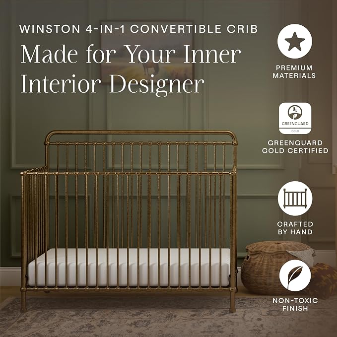 Namesake Winston 4-in-1 Convertible Crib - GREENGUARD Gold Certified Metal Baby Crib Convertible to Toddler Bed, Daybed, Full Size Bed w/ 4 Mattress Heights - Vintage Gold Bedside Crib for Baby