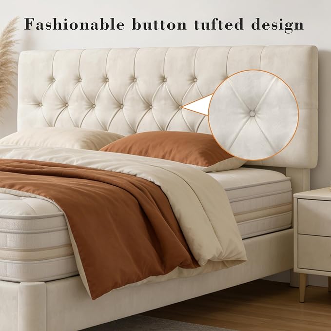 Full Size Bed Frame with Headboard, Luxury Velvet Fabric Upholstered Bed frame with Button Tufted Design, Strong Wooden Slats Support - Low & Sturdy, Noise-Free, No Box Spring, Easy Assembly, Beige | Plush velvet