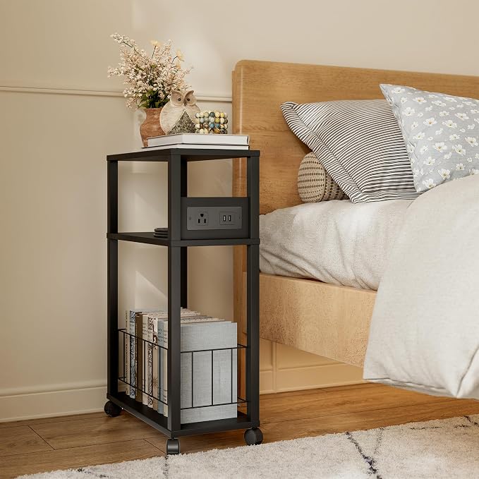 DGSANDGO Black Narrow Rolling Side Table with Charging Station (Outlets/USB Ports) & Storage Basket - Small Space End Table for Living Room Bedroom Office (Black)