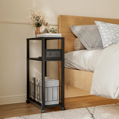 DGSANDGO Black Narrow Rolling Side Table with Charging Station (Outlets/USB Ports) & Storage Basket - Small Space End Table for Living Room Bedroom Office (Black)