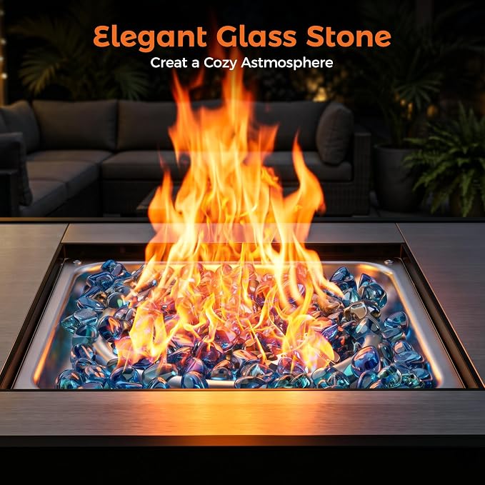 BALI OUTDOORS 42 inch 50,000 BTU Rectangular Propane Gas Fire Pit Table with Fire Glass and Table Lid, Fire Pits Outdoor for Garden, Patio, Backyard