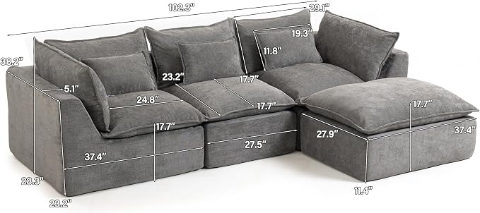 Boneless Couch Sectional Sofas Cloud Couches for Living Room | 102.3'' Modern Modular Cloud Sofa with Pillows and Ottoman for Bedroom