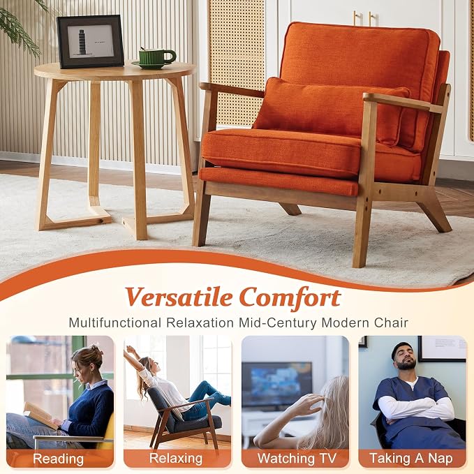 Vingli Solid Wood Wide Armrests Accent Chair Set of 2,Upholstered Mid Century Modern Chair with Pillow,Farmhouse Arm Chair Comfy Reading Chair,Chairs Living Room,Bedroom,Guest Room,Linen Fabric,Orange
