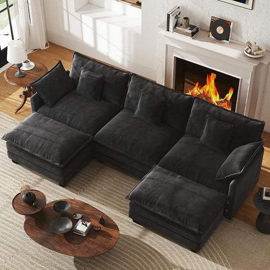 WorthFurni 111.4” Modular Sectional Sofa, U Shape Cloud Couch with 2 Movable Ottoman, Comfy Chenille Deep Seat Sofa with Soft Pillows for Living Room Apartment (Black)