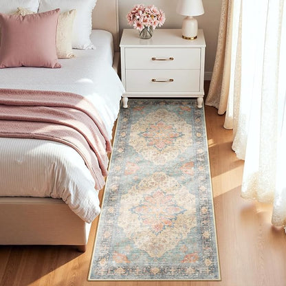 RELEANY Area Rugs Runner 2'x5' Washable Non-Slip, Floral Vintage Distress Medallion Carpet for Kitchen Hallway Bedroom Beside Laundry Room Bathroom, Blue Orange Red