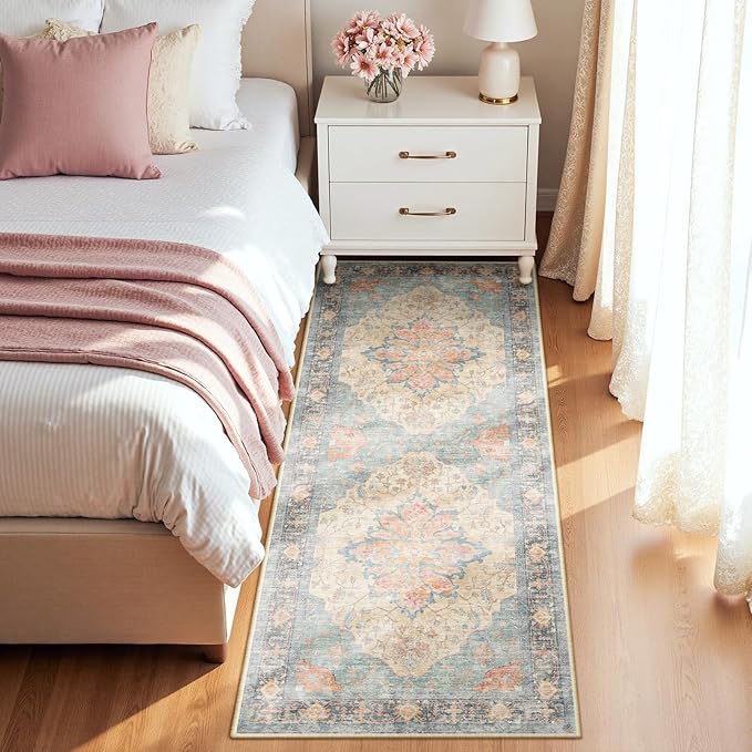 RELEANY Area Rugs Runner 2'x6' Washable Non-Slip, Floral Vintage Distress Medallion Carpet for Kitchen Hallway Bedroom Beside Laundry Room Bathroom, Blue Orange Red