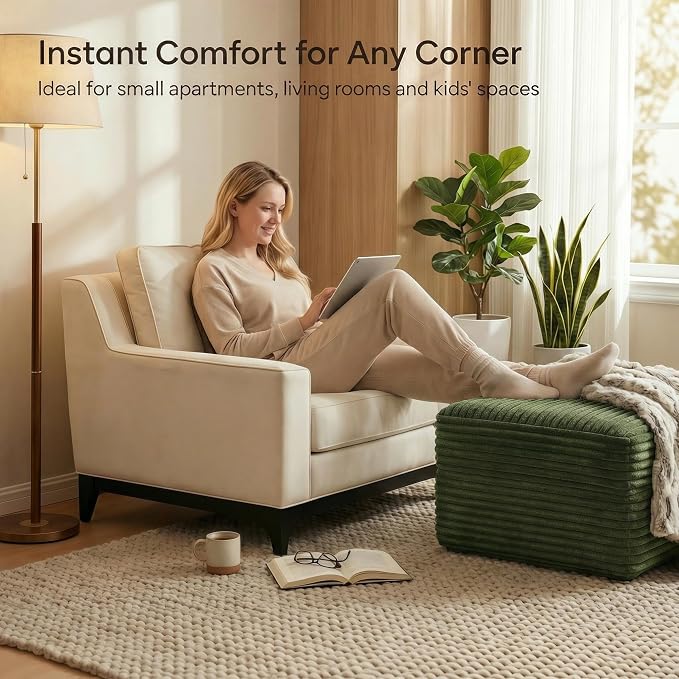25.6 inch Plush Corduroy Ottoman, Modular Sectional Foot Rest for Living Room, Upholstered Cloud Ottoman for Boneless Couch in a Box, Compressed Memory Foam, No Assembly Require, Green