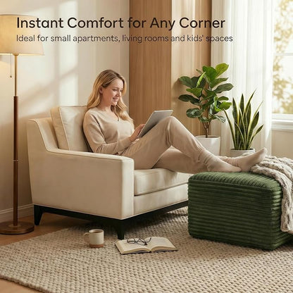 25.6 inch Plush Corduroy Ottoman, Modular Sectional Foot Rest for Living Room, Upholstered Cloud Ottoman for Boneless Couch in a Box, Compressed Memory Foam, No Assembly Require, Green