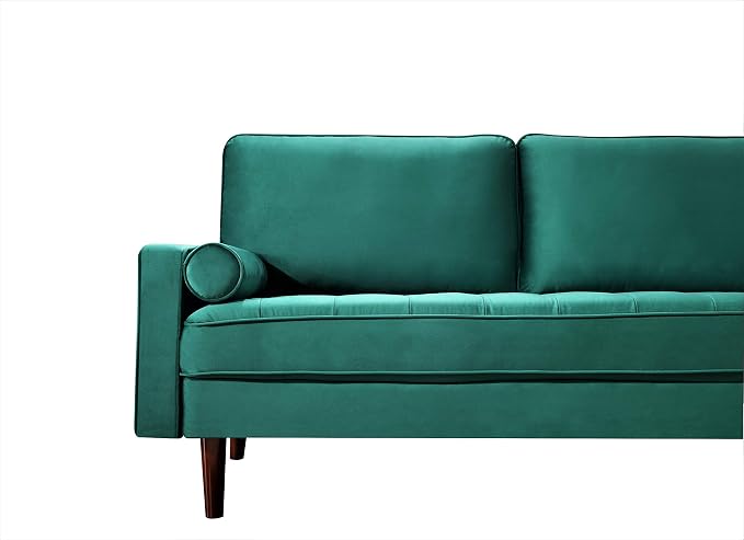 Container Furniture Direct Womble 58 Inch Velvet Loveseat Sofa with Elegant Button Tufted Upholstery, Square Arms, Splayed Wood Legs, Includes Matching Bolster Pillows, Green