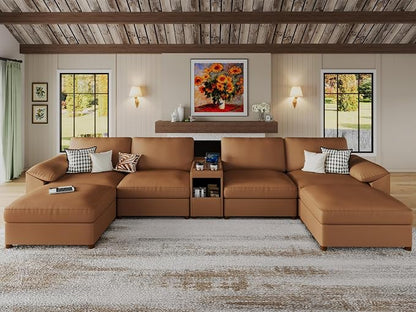 EASE MOOSE Leather Sectional Couch with Console, Oversized Modular Sectional Sofas, Wide Deep Seat Modular Couch, Scratch Resistant Faux Leather Material, U Shaped Sofa for Big Spaces,Brown