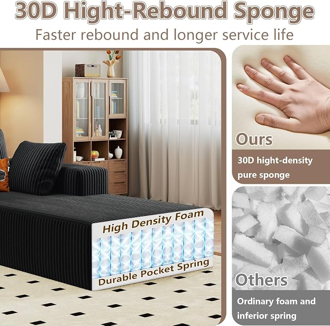 95" Cloud Sectional Couch U-Shaped Chaise with Ottoman, Corduroy Boneless Couch for Living Room Bedroom, Deep-Seat Upholstered Modular Cloud Sofa, No Assembly Required (Black, Right Facing Chaise)