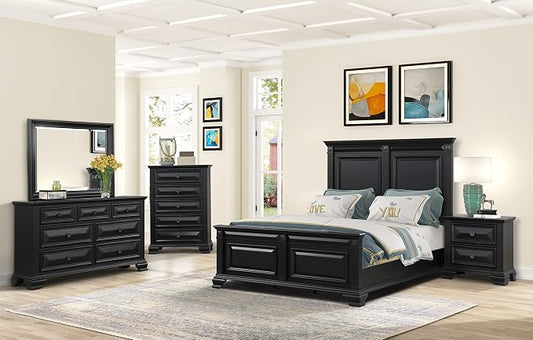 Roundhill Furniture Renova Vintage Black Wood Bedroom Set, Queen Panel Bed, Dresser, Mirror, Nightstand, Chest