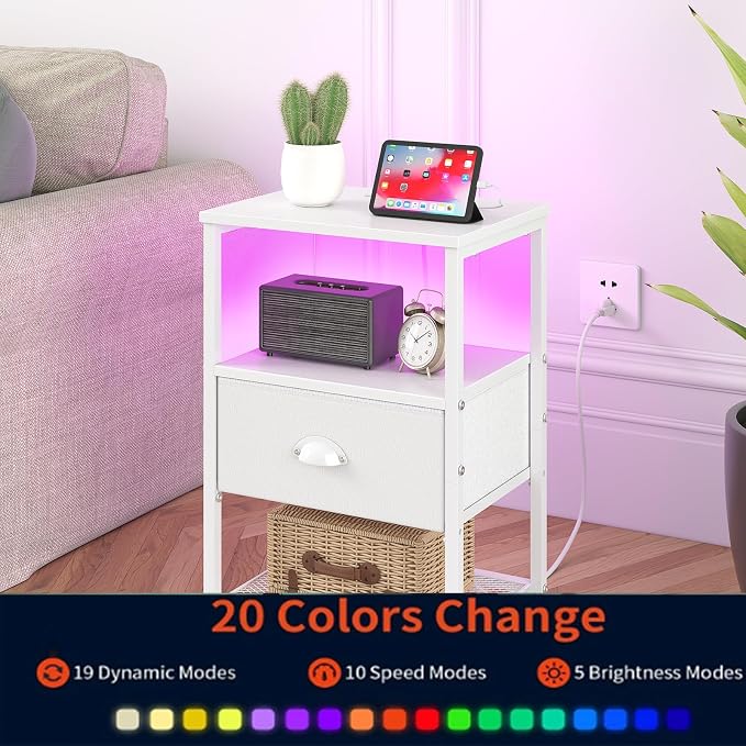 sthmec Nightstands Set of 2, LED Night Stands with Charging Station and Fabric Drawer, Bedside Tables with Drawers, 2- Tier LED Side Table End Table Charging Station Bedroom, White