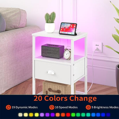 sthmec Nightstands Set of 2, LED Night Stands with Charging Station and Fabric Drawer, Bedside Tables with Drawers, 2- Tier LED Side Table End Table Charging Station Bedroom, White