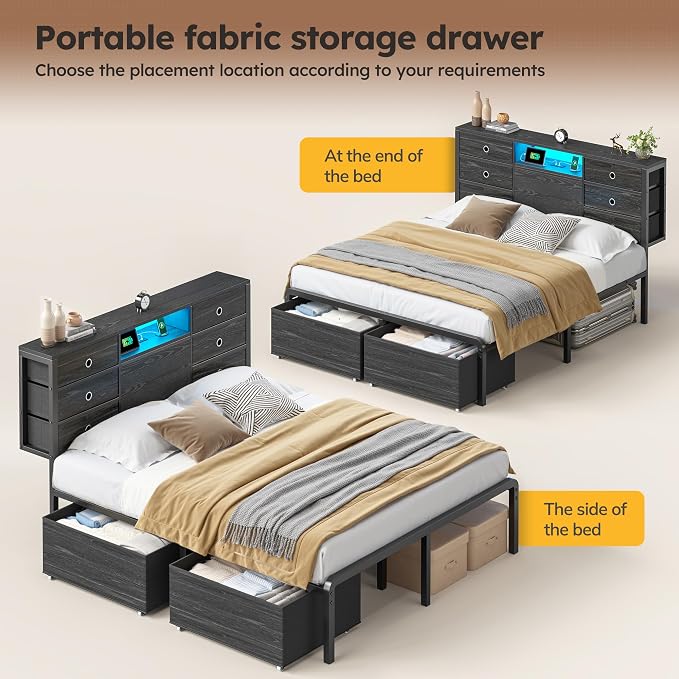 Homkdom Queen Bed Frame,8 Drawers,LED Lights,Charging,Headboard,Black | 8 Fabric organizers , USB and Type-C power ports, Supports up to 880 lbs,Noise-free and quick assembly for bedroom