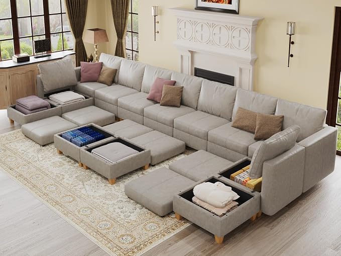 EASE MOOSE Faux Leather Modular Couch Sectional Sofa with Storage Ottomans, Oversized U Shaped Couch, Whitesand
