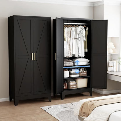 71 "H Wardrobe Closet with Doors, Metal Wardrobe Cabinet with 2 Doors and 2 Adjustable Shelves, Armoire Wardrobes Closet with Hanging Rod, Closets for Bedroom, Laundry Room, Black