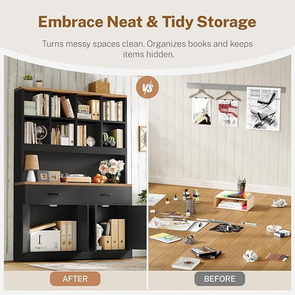 TEENFON Storage Cabinet with Doors and Drawers, Pantry Cabinets, 5 Tier Floor Standing Bookshelves, Bookshelf and Bookcase, 8 Open Storage Shelves and Printer Stand for Study, Living Room, Office