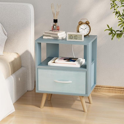 Huhote Kids Nightstand, 2-Tier Night Stand with Charging Station and Drawer, Modern Side Table for Bedroom, Study Room, Small Spaces, Blue