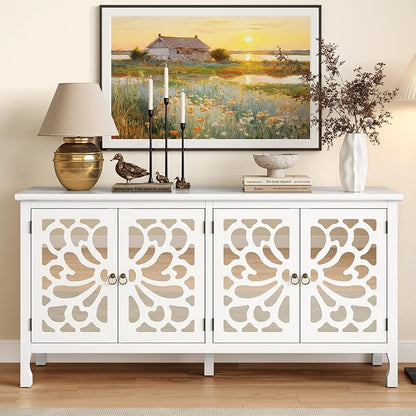 RoyalCraft 63'' Buffet Cabinet with Mirror Butterfly Carved Door, Sideboard Cabinet with Adjustable Shelves, Vintage Accent Credenza Media Console for Entryway, Kitchen, Satin White
