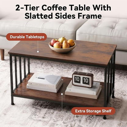 SENIG 2-Tier Coffee Table 39.4" with Slatted Sides Frame, Brown Oak | Industrial Wood and Metal Center Table for Home Office Kitchen 39.4" L x 21.7" W