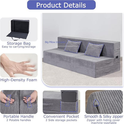 Folding Sofa Bed, 4 in 1 Convertible Sleeper Chair with Pillow, Queen Memory Foam Fold Out Chair Bed, Modern Floor Futon Sofa Couch Mattress for Living Room/Guest/Apartment, Light Gray