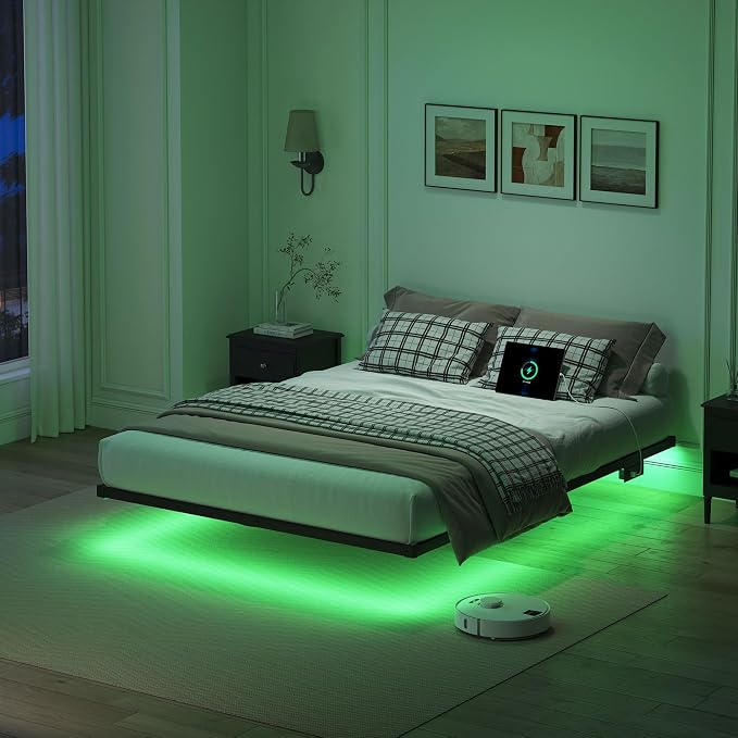 YORMDMO Floating Bed Frame Full Size, Heavy Duty Bedframe with Smart LED Lights & Charging Station, Modern Metal Platform Bed, Easy Assembly No Box Spring Needed, 10 Inch