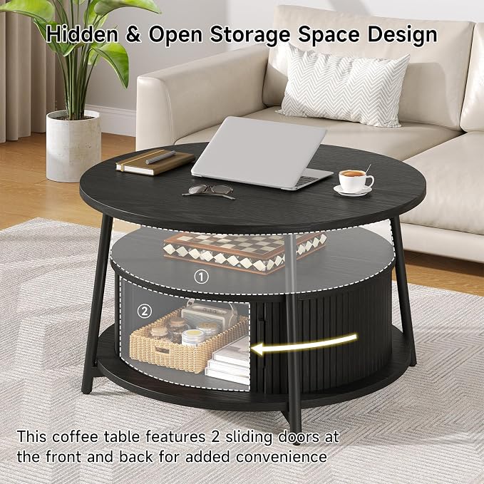 31.5 Inch Round Coffee Table with Storage, Fluted Coffee Tables with 2 Tiers, Mid-Century Modern Center Table with 2 Sliding Doors and Adjustable Footpad for Living Room, Black